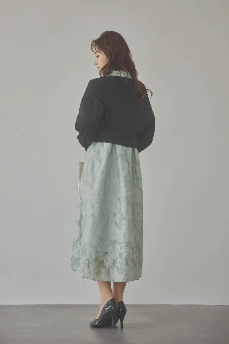 オリーブのボリュームスリーブフレアドレス