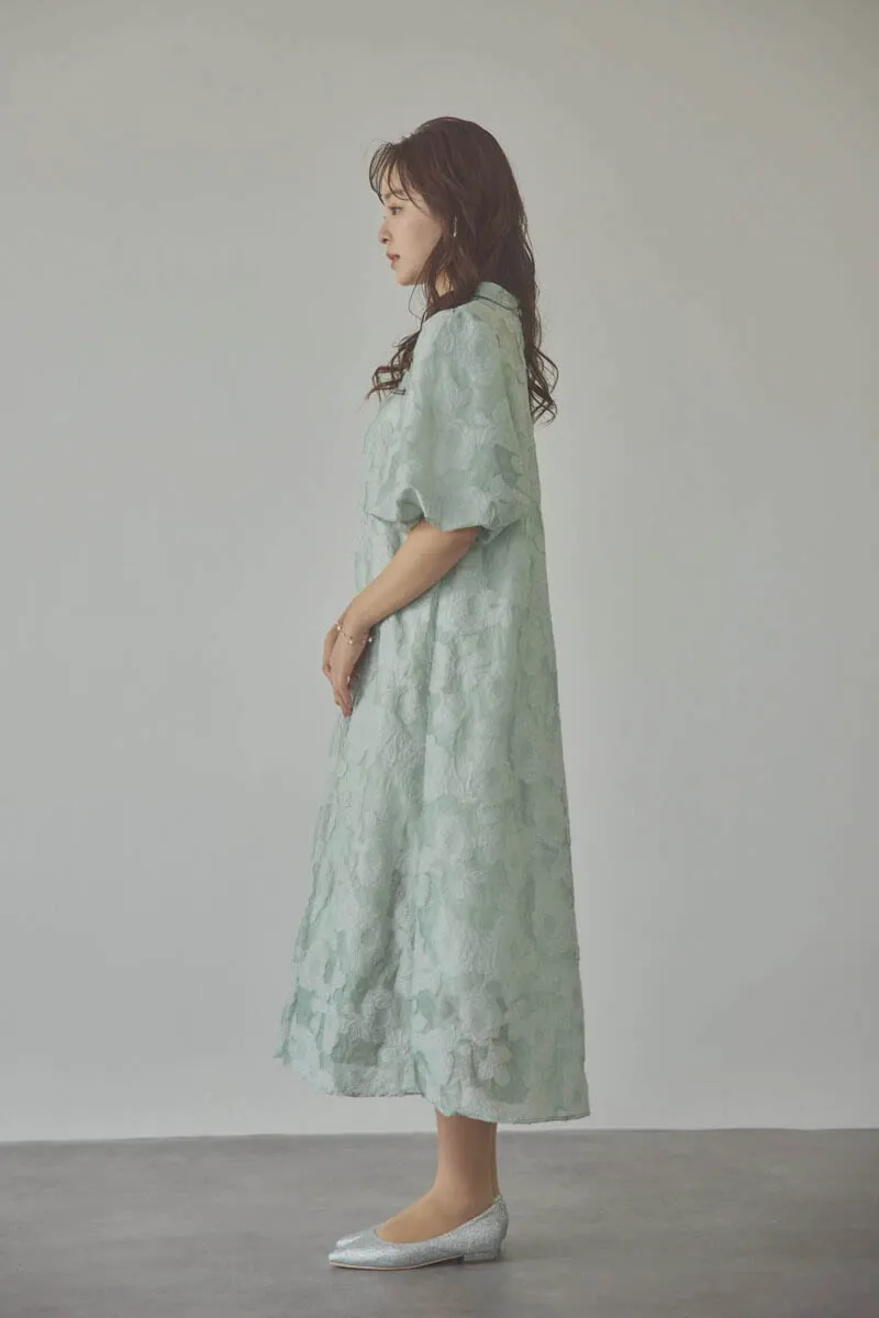 オリーブのボリュームスリーブフレアドレス