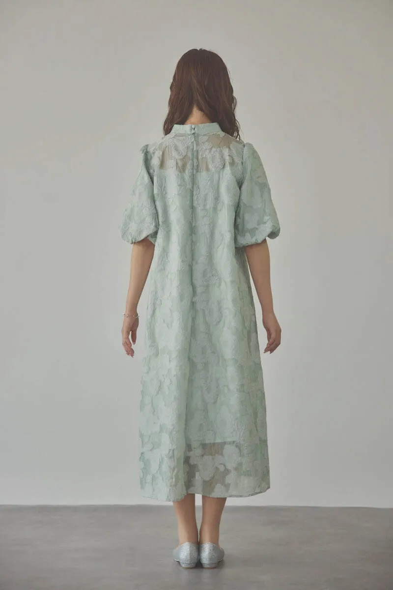 オリーブのボリュームスリーブフレアドレス