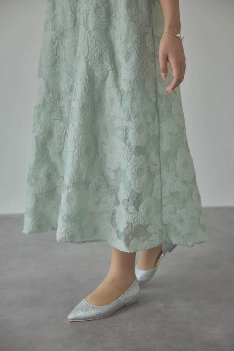 オリーブのボリュームスリーブフレアドレス