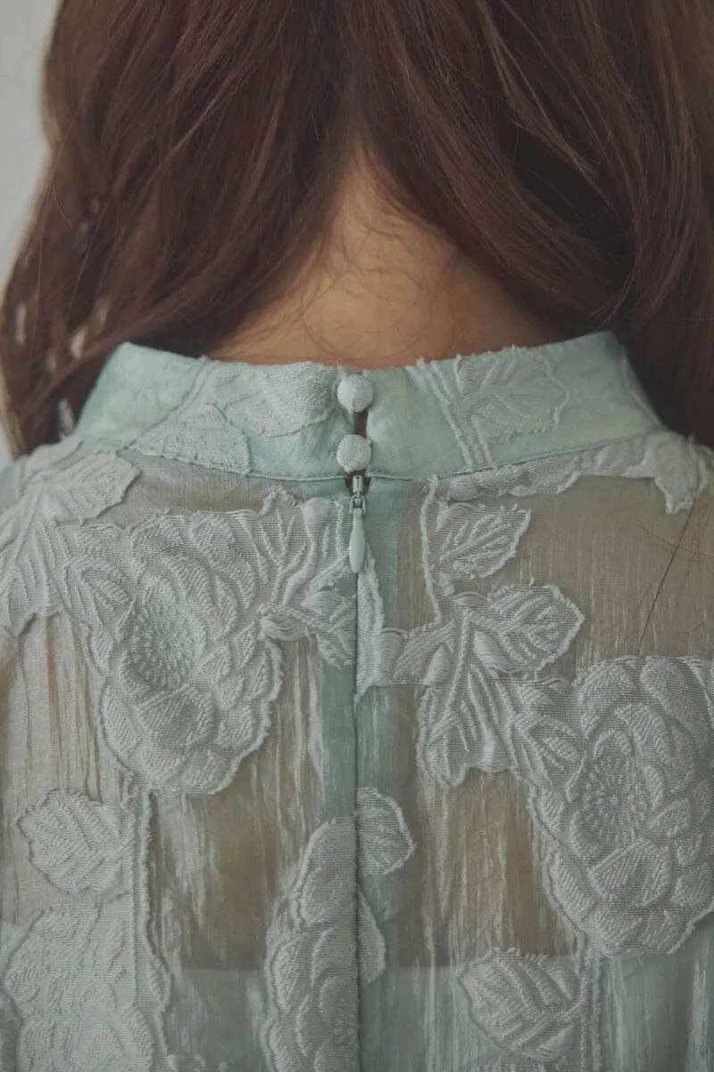 オリーブのボリュームスリーブフレアドレス