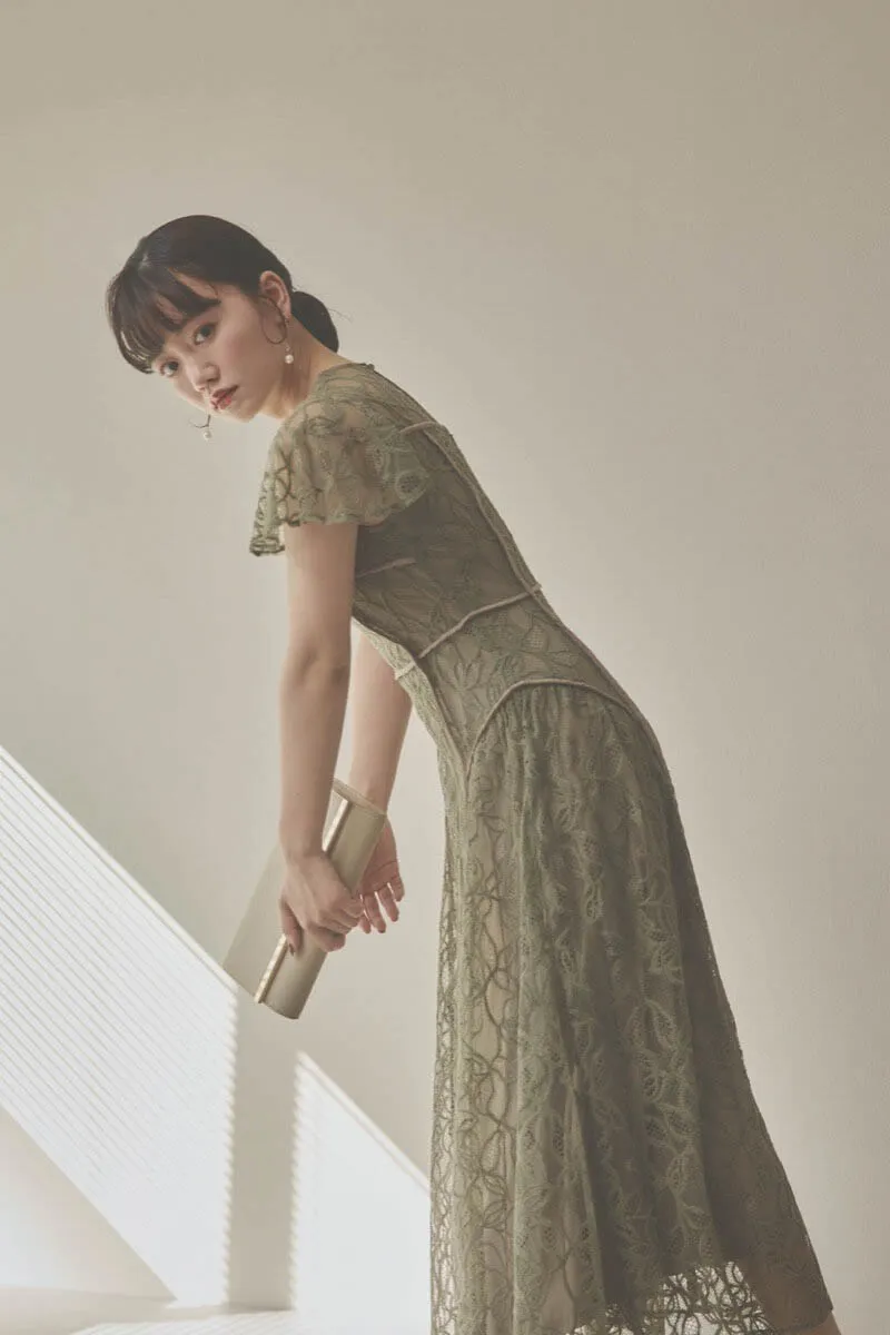 カーキのパイピングビスチェレースドレス