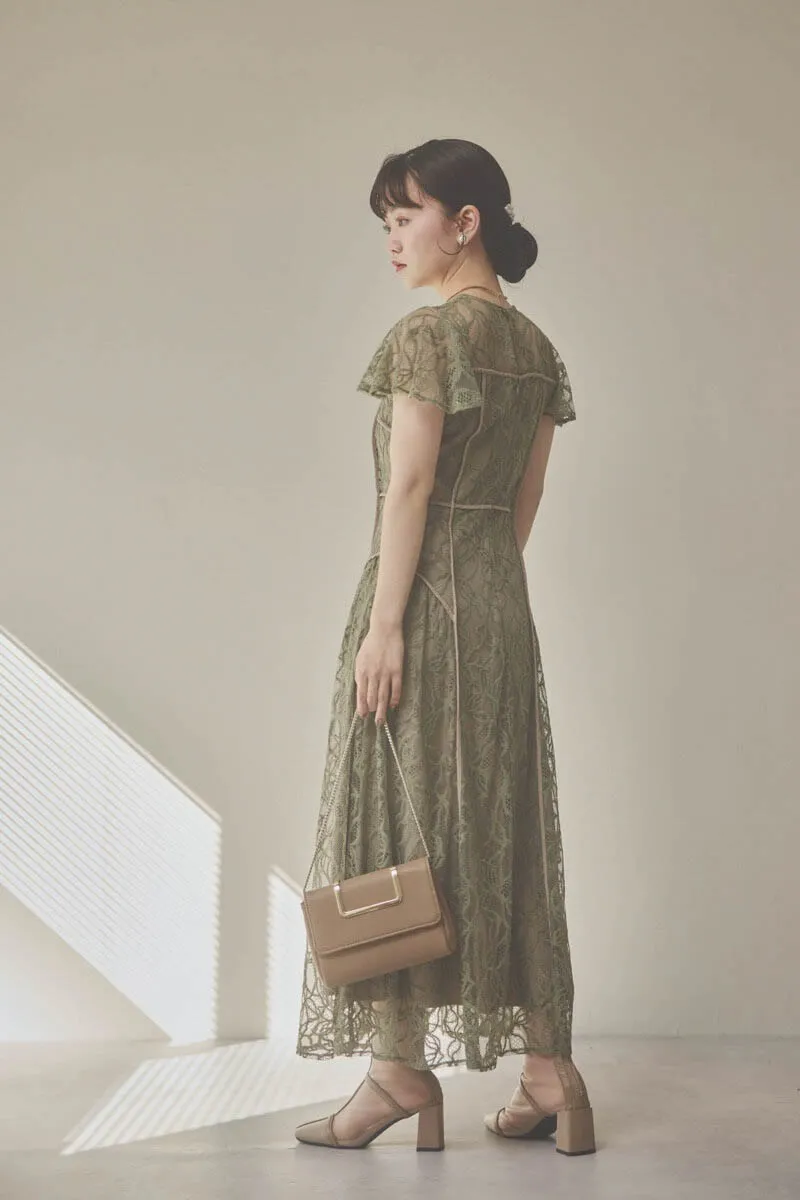 カーキのパイピングビスチェレースドレス