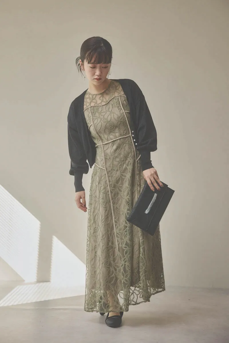 カーキのパイピングビスチェレースドレス