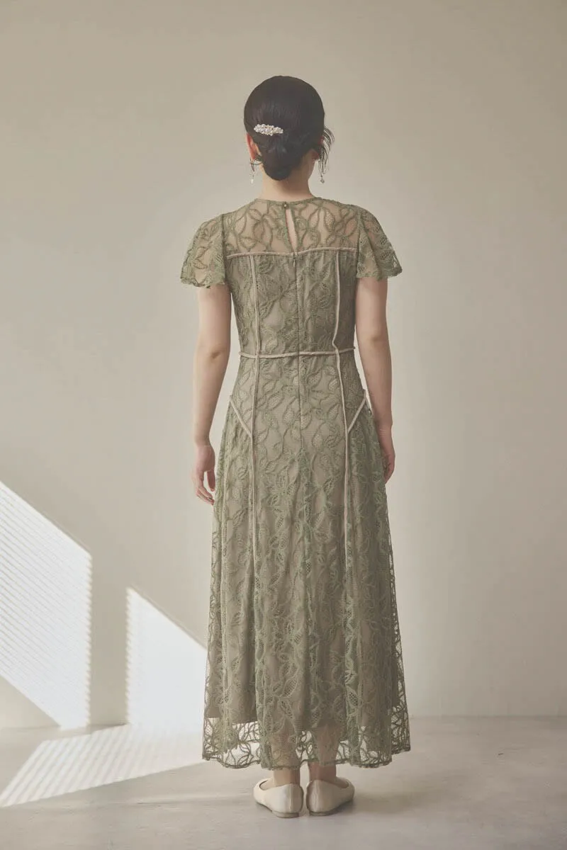 カーキのパイピングビスチェレースドレス