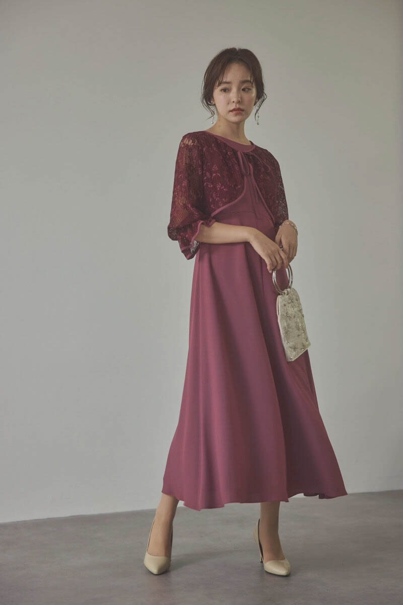 ダークチェリーのレースボレロセットフレアドレス