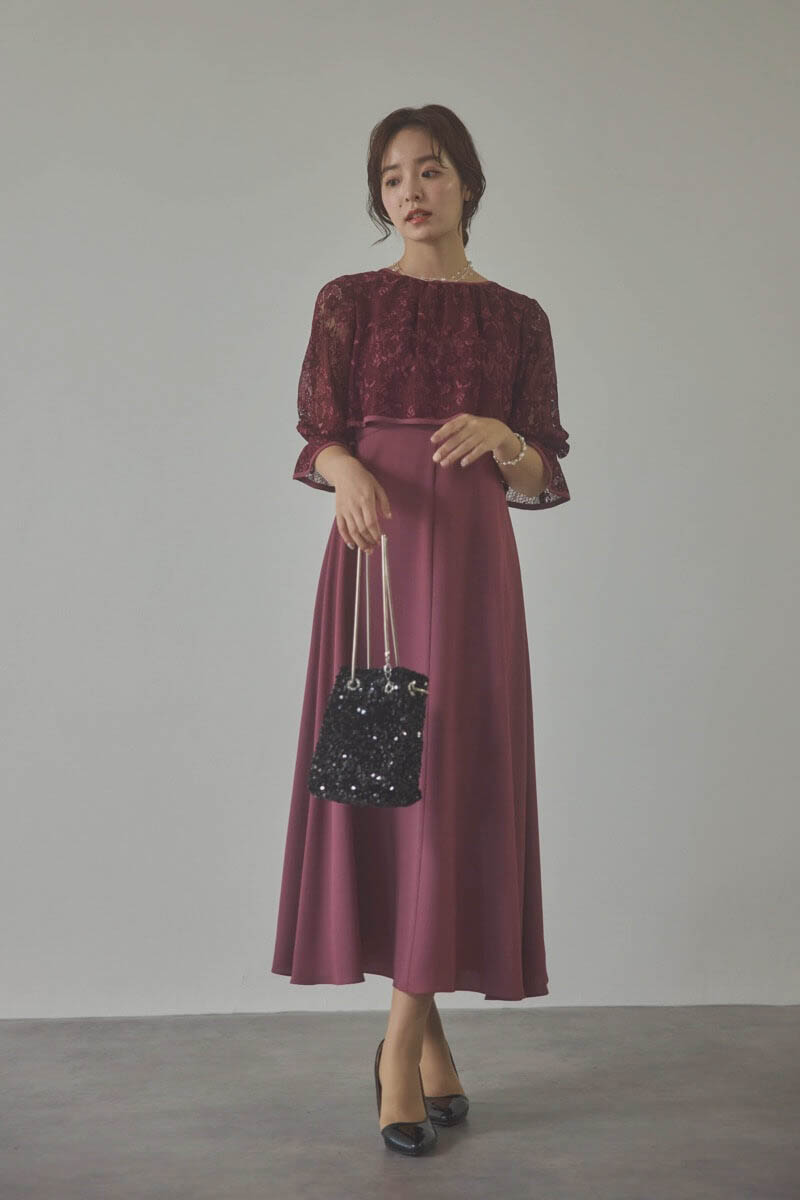 ダークチェリーのレースボレロセットフレアドレス