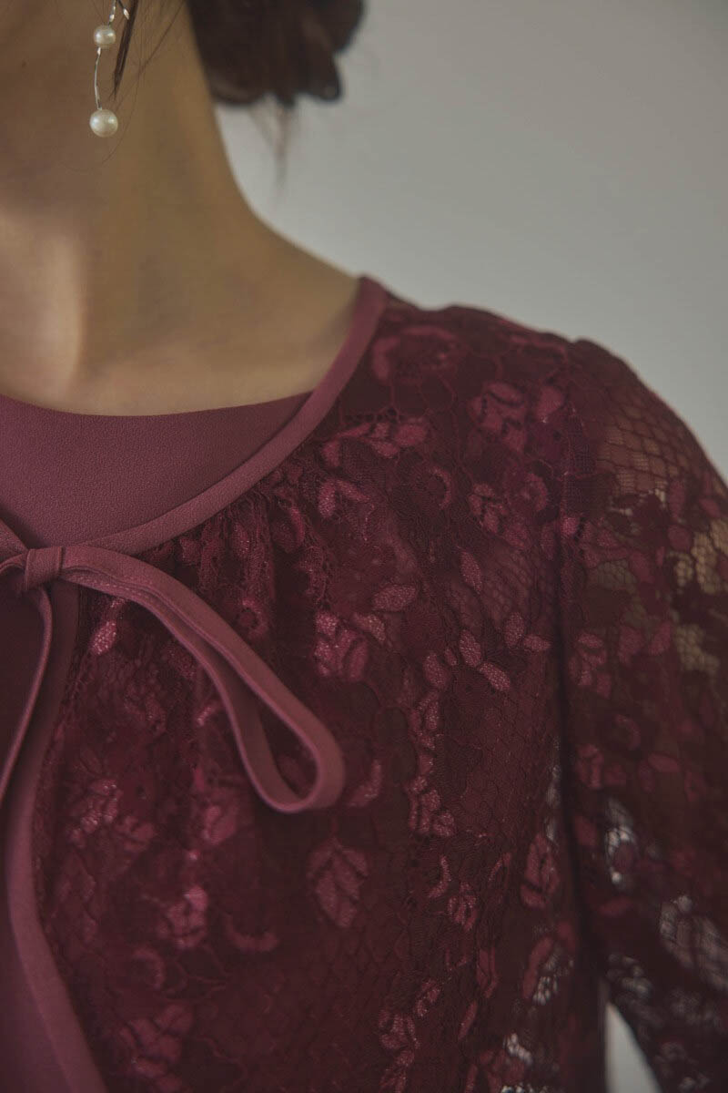 ダークチェリーのレースボレロセットフレアドレス