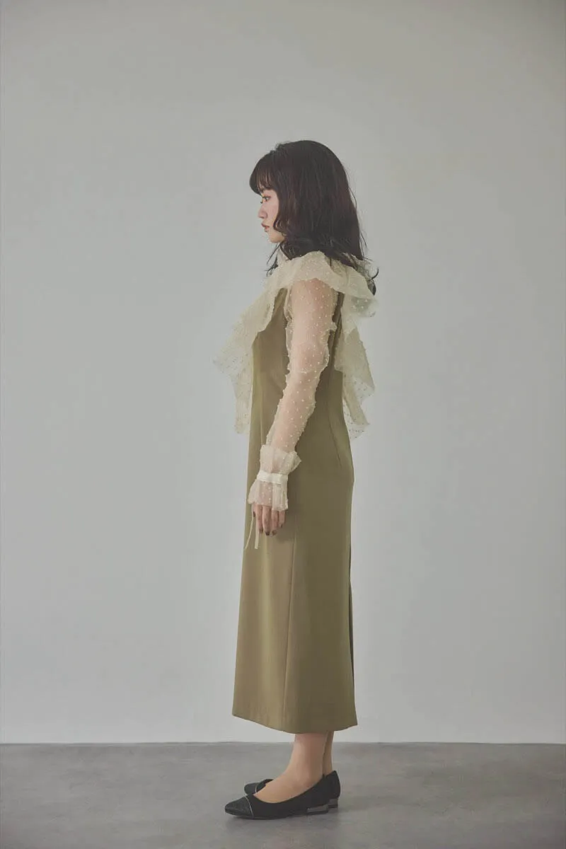 ベージュ×オリーブのメニーウェイラッフルケープドレス