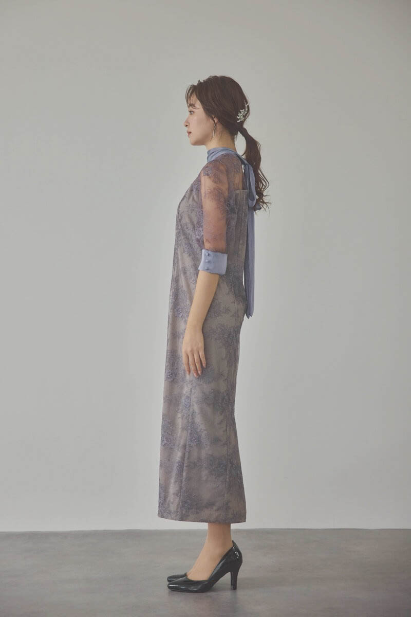 パープルのシャイニーレースリボンドレス