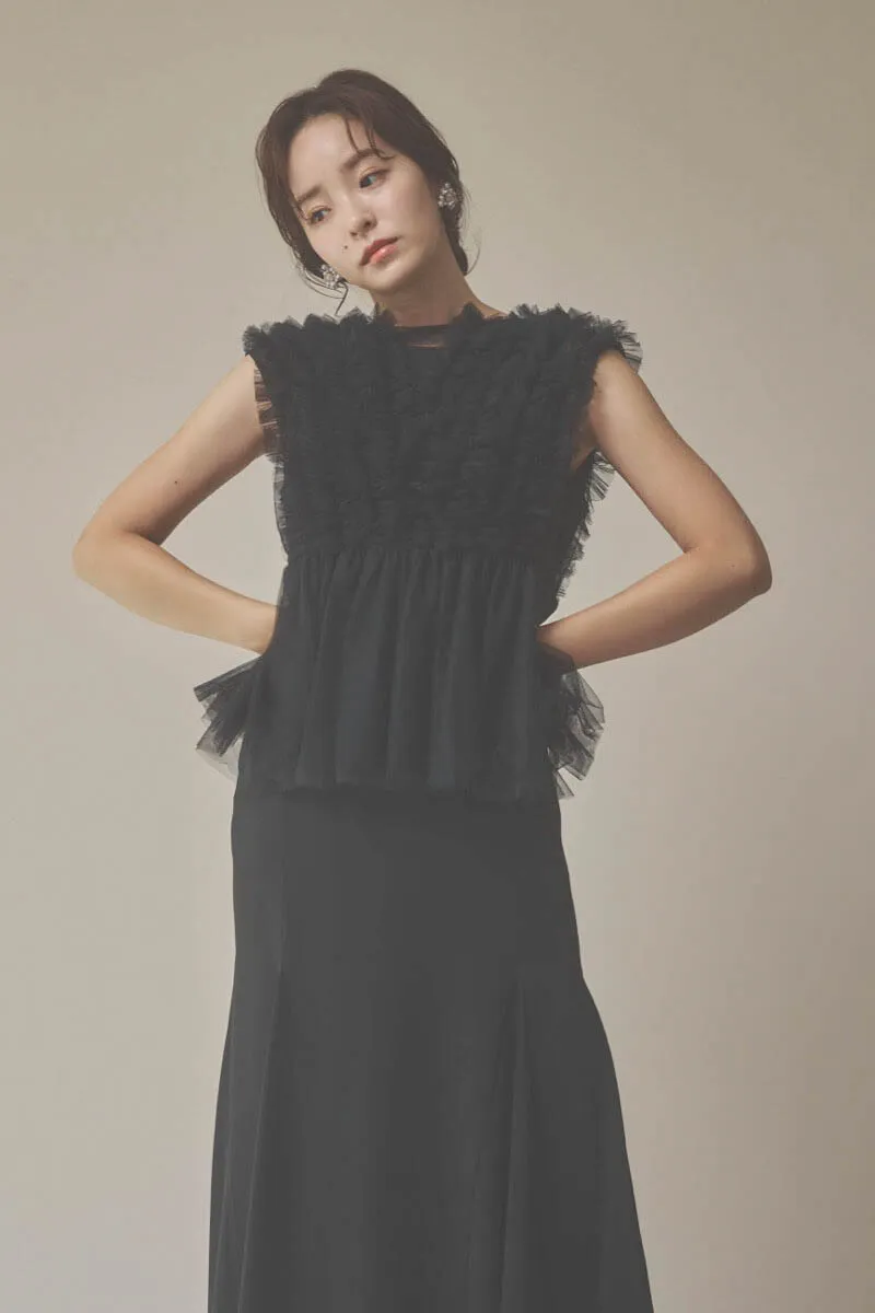 ブラックのフリルチュールマーメイドドレス