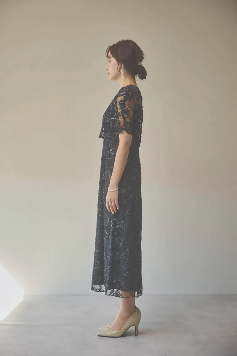 ブラックのローズレースレイヤードドレス