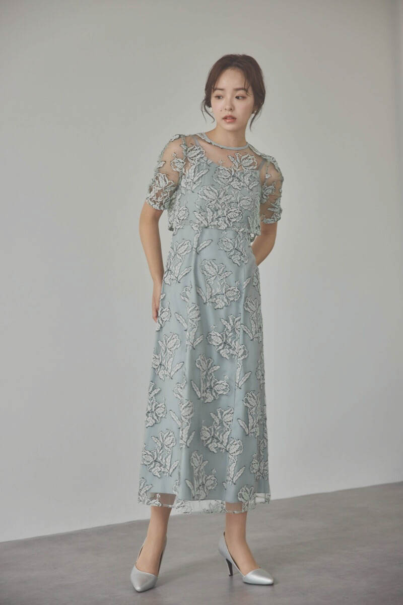 ミントのローズレースレイヤードドレス