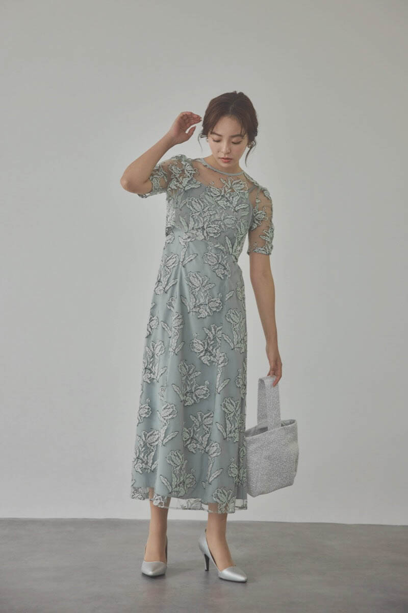 ミントのローズレースレイヤードドレス