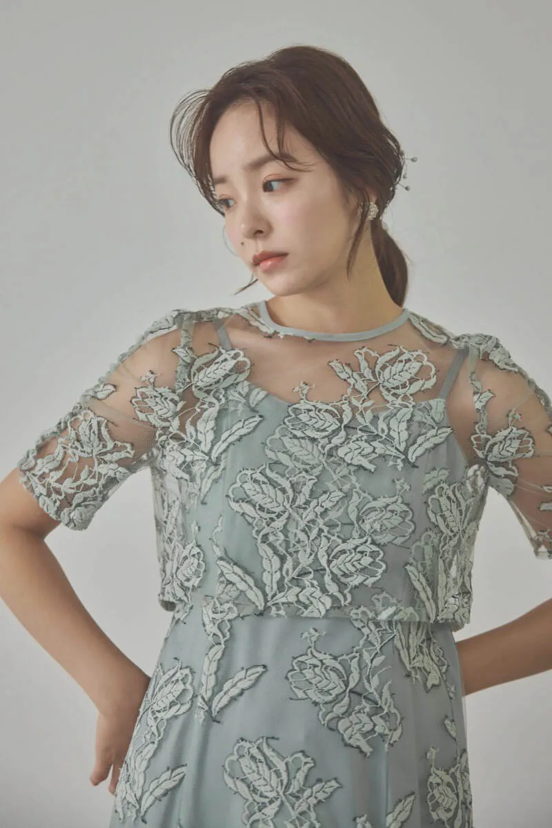 ミントのローズレースレイヤードドレス