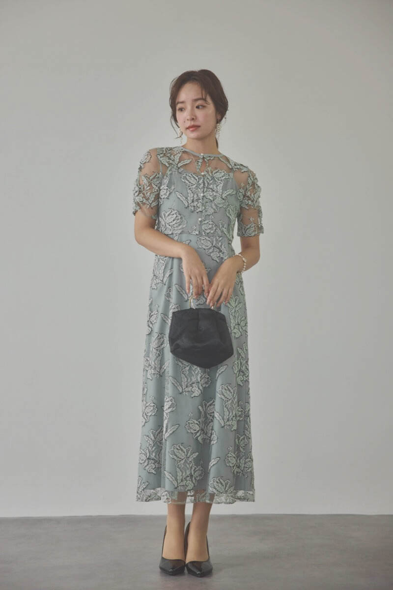 ミントのローズレースレイヤードドレス