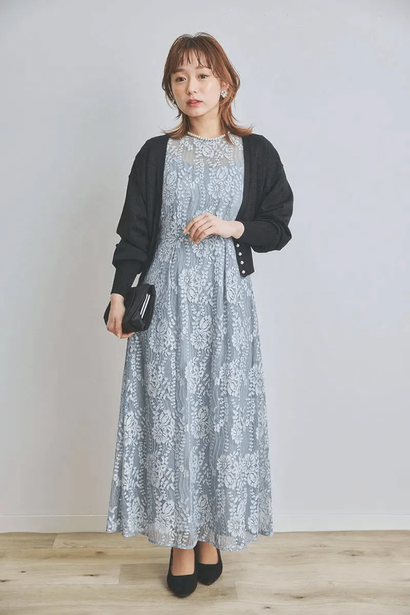 ミントグレーの配色レースエプロンドレス