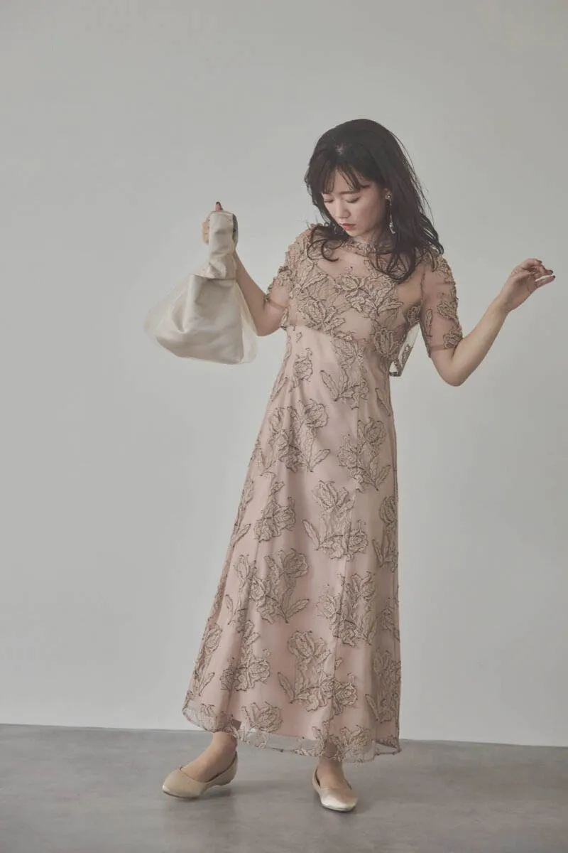 ダスティピンクのローズレースレイヤードドレス