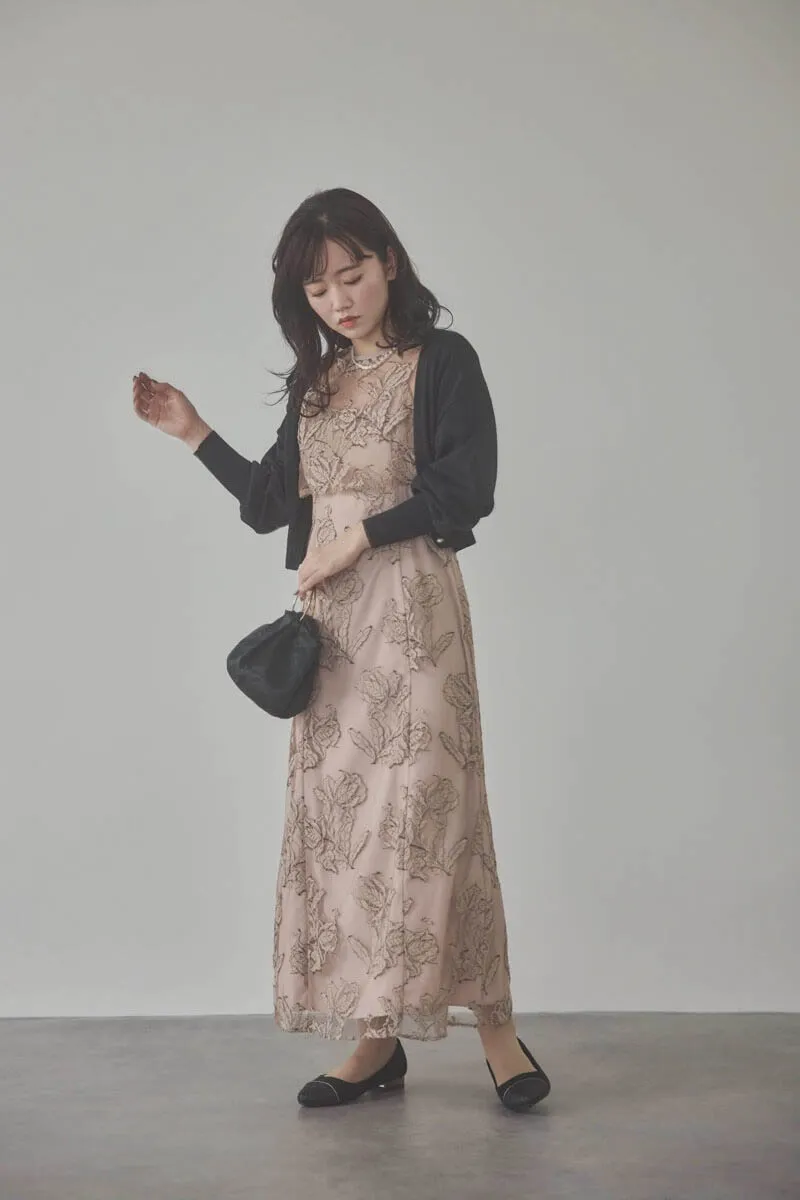 ダスティピンクのローズレースレイヤードドレス