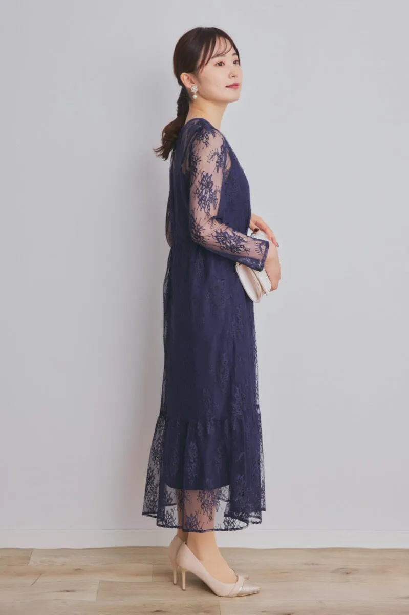 ネイビーのオールレース配色ドレス