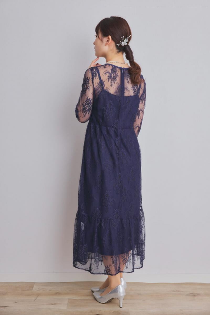 ネイビーのオールレース配色ドレス