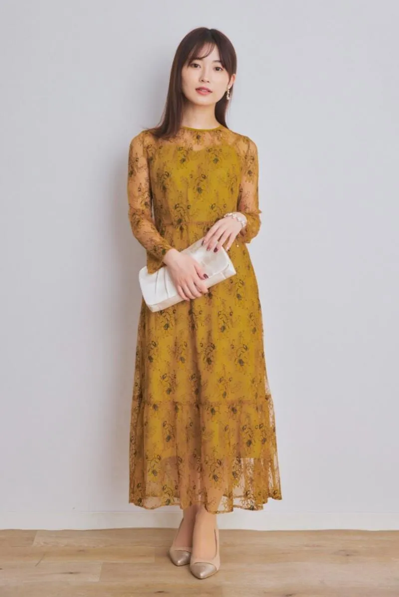 イエローのオールレース配色ドレス