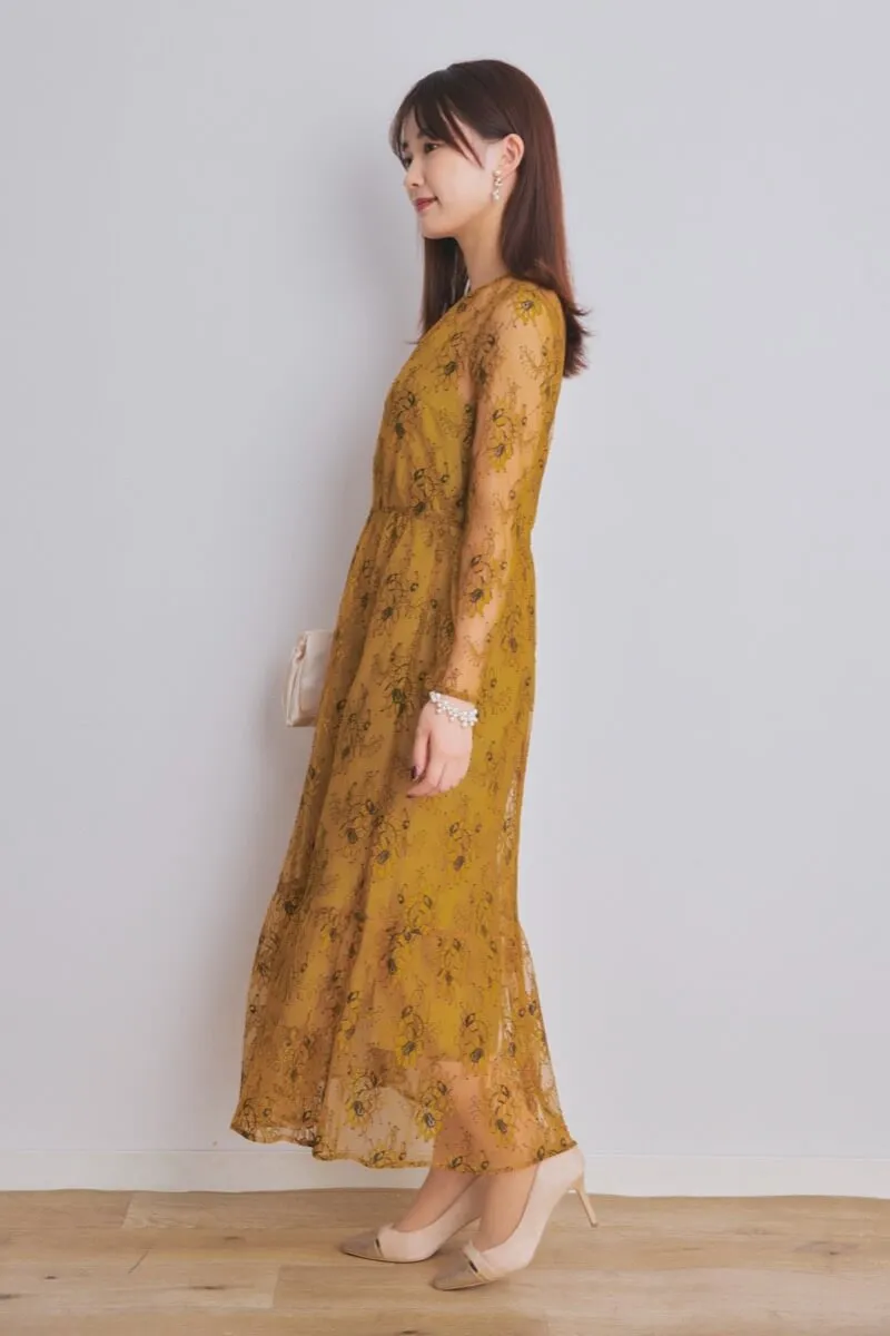 イエローのオールレース配色ドレス