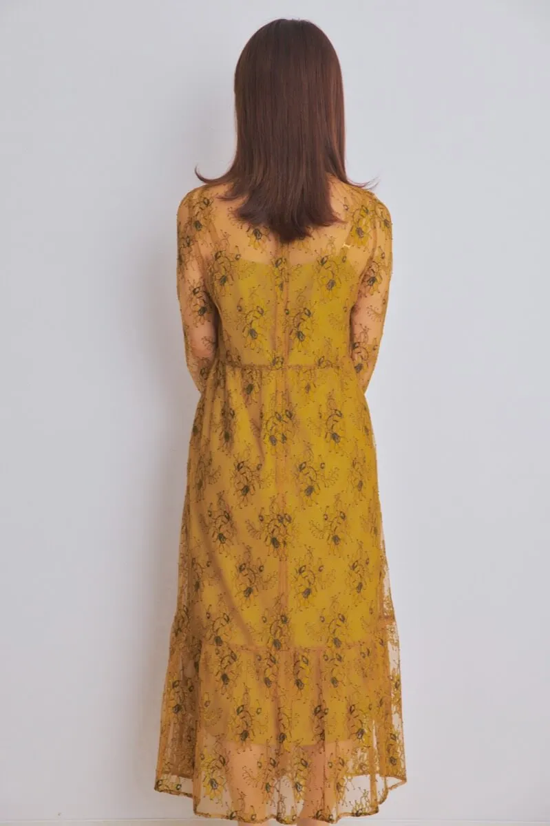 イエローのオールレース配色ドレス
