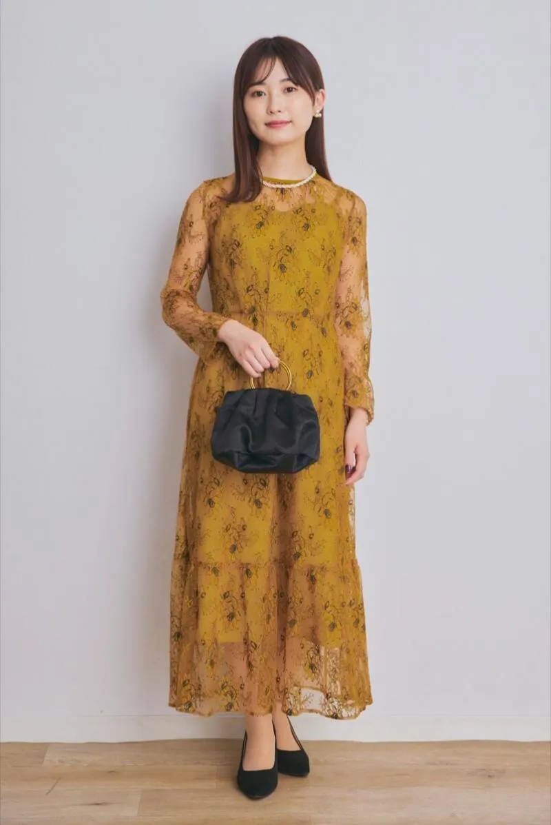 イエローのオールレース配色ドレス