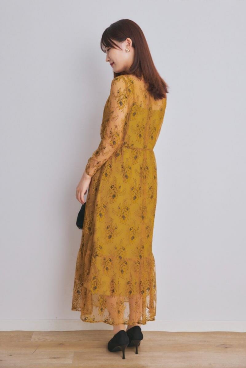 イエローのオールレース配色ドレス