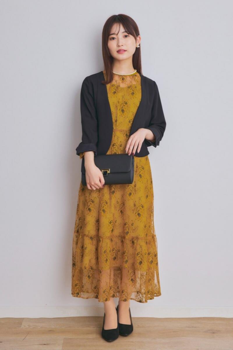イエローのオールレース配色ドレス
