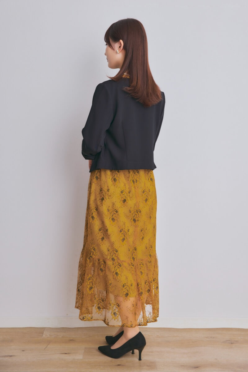 イエローのオールレース配色ドレス