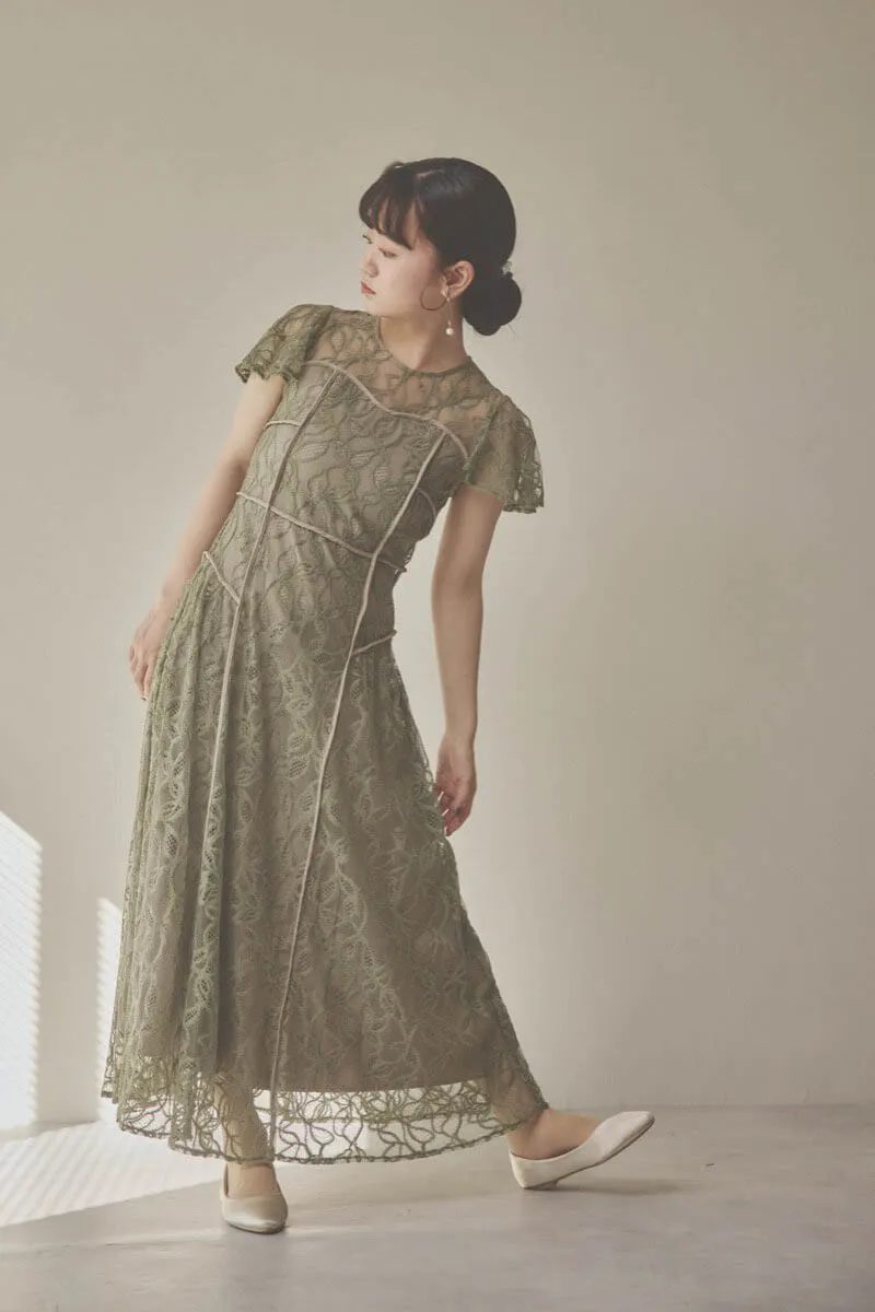 カーキのパイピングビスチェレースドレス