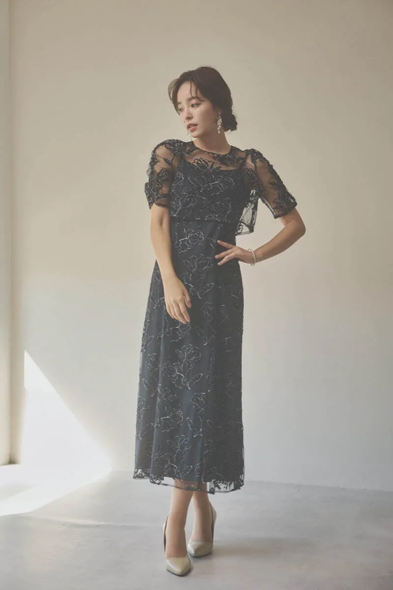 ブラックのローズレースレイヤードドレス