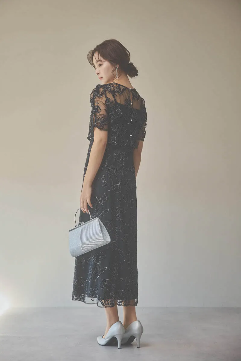 ブラックのローズレースレイヤードドレス