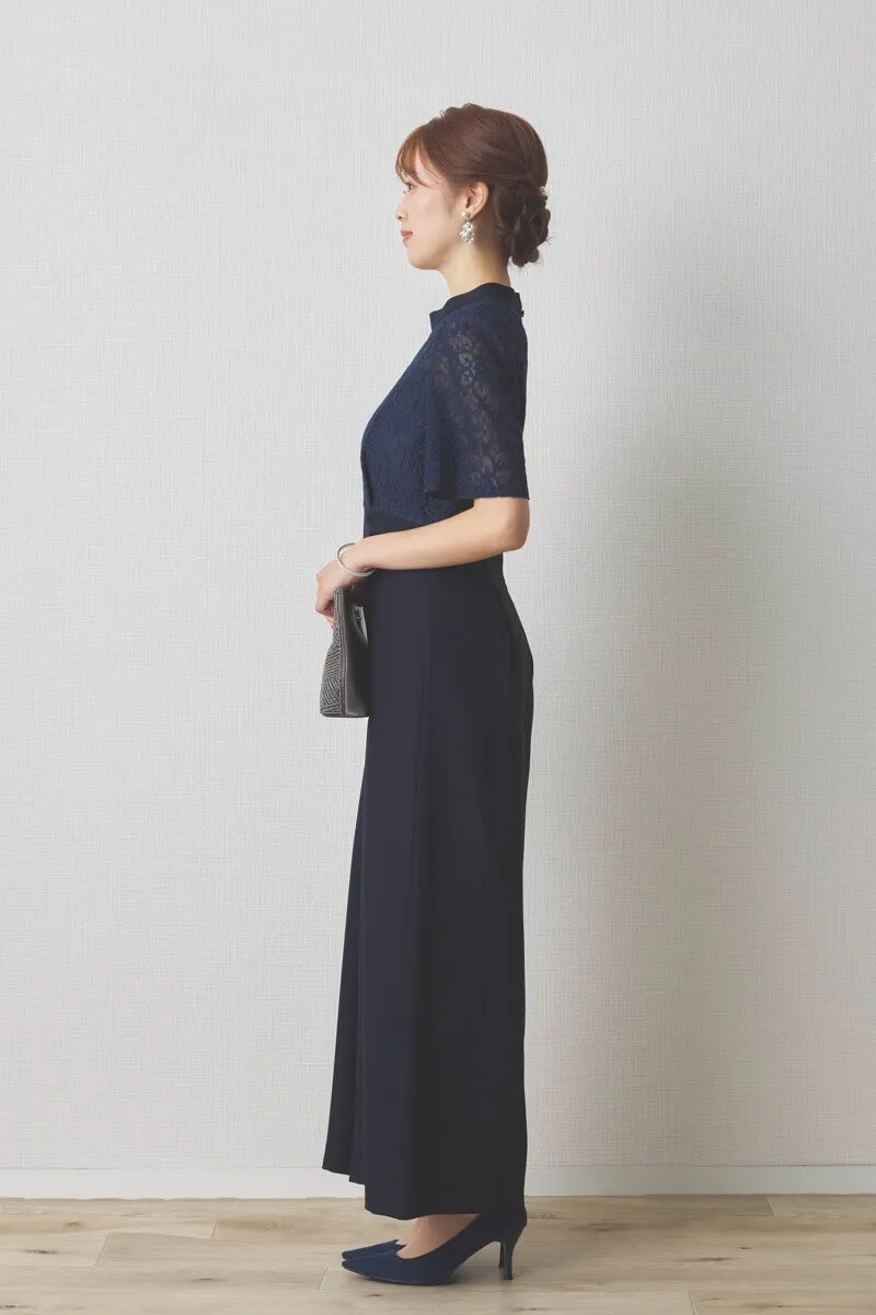 ネイビーのレースコンビオールインワンパンツドレス