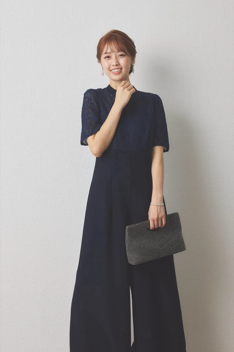 ネイビーのレースコンビオールインワンパンツドレス