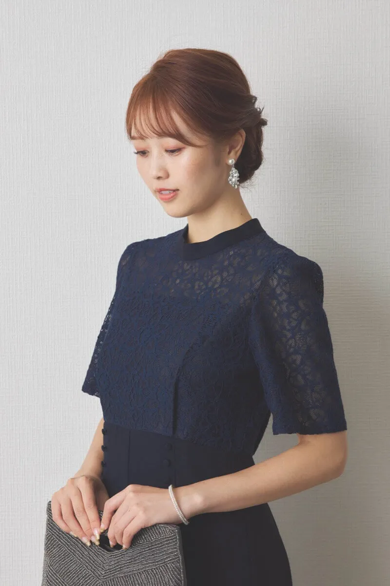 ネイビーのレースコンビオールインワンパンツドレス