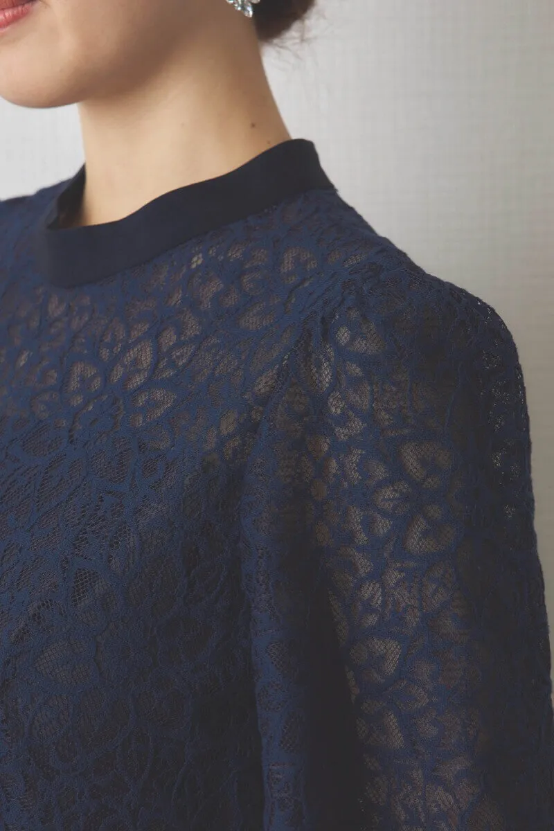 ネイビーのレースコンビオールインワンパンツドレス