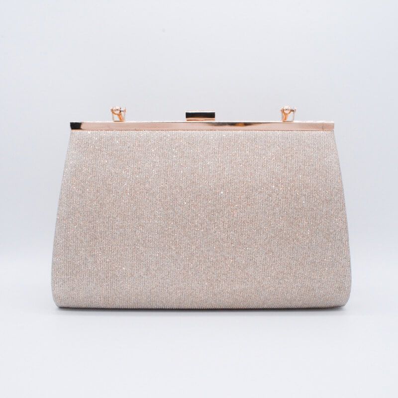 ベージュのラメプリーツがま口クラッチバッグ