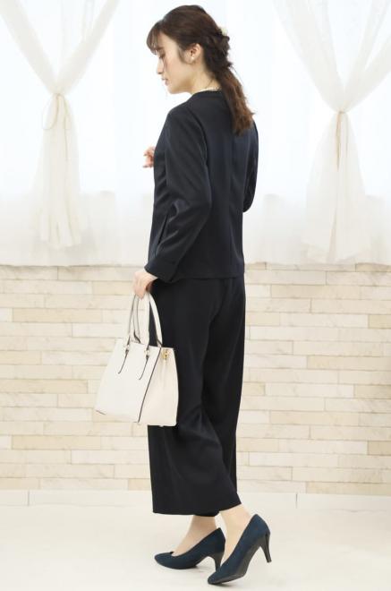 ネイビーのシフォンブラウスワイドパンツセレモニースーツセット