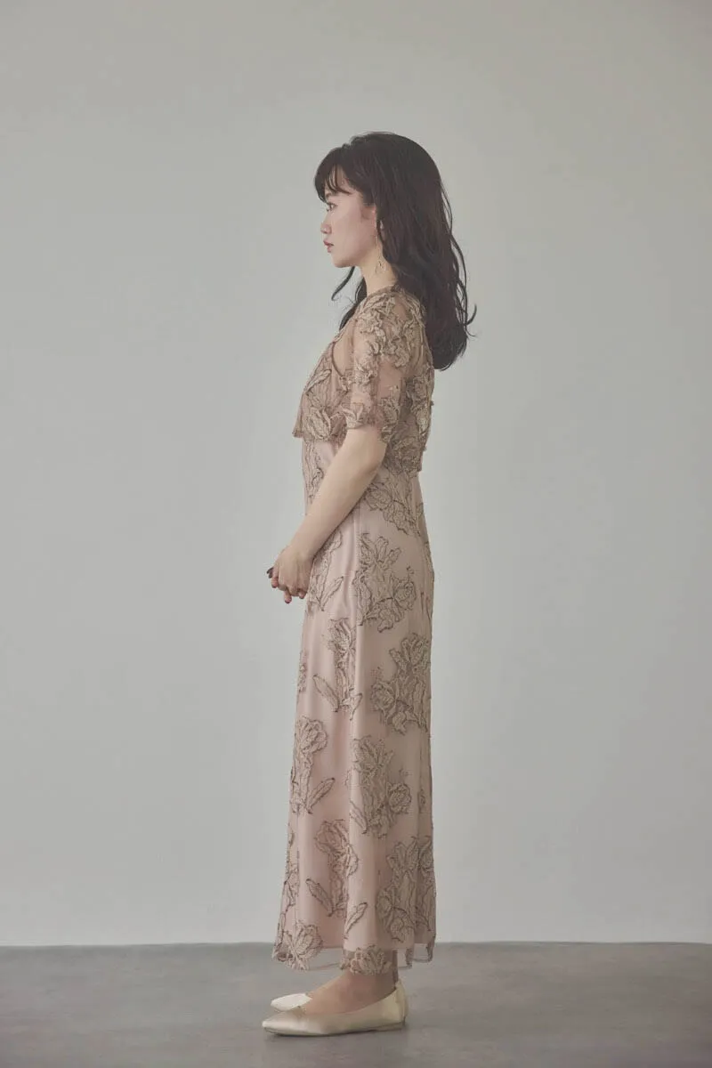 ダスティピンクのローズレースレイヤードドレス