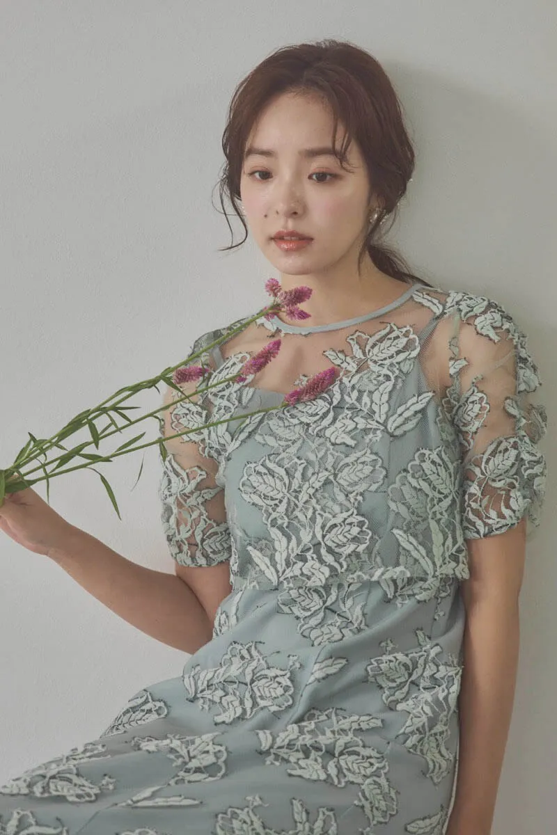 ミントのローズレースレイヤードドレス