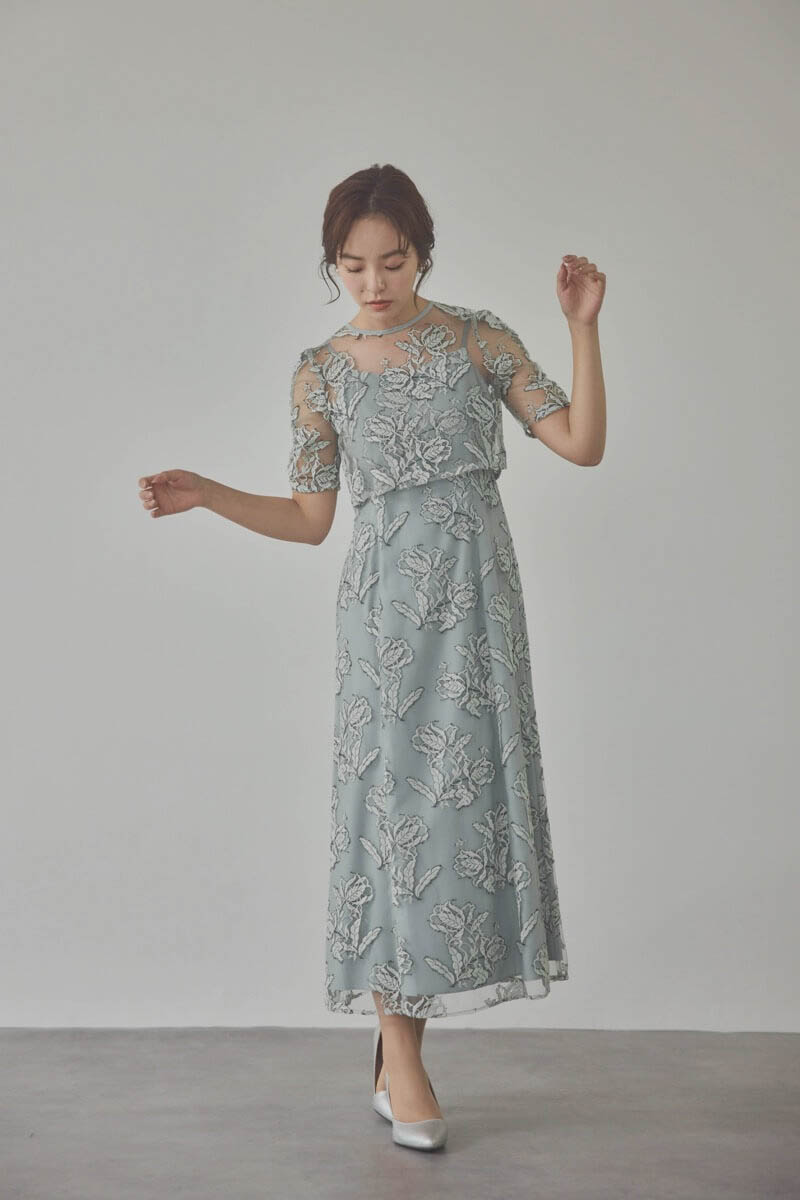 ミントのローズレースレイヤードドレス