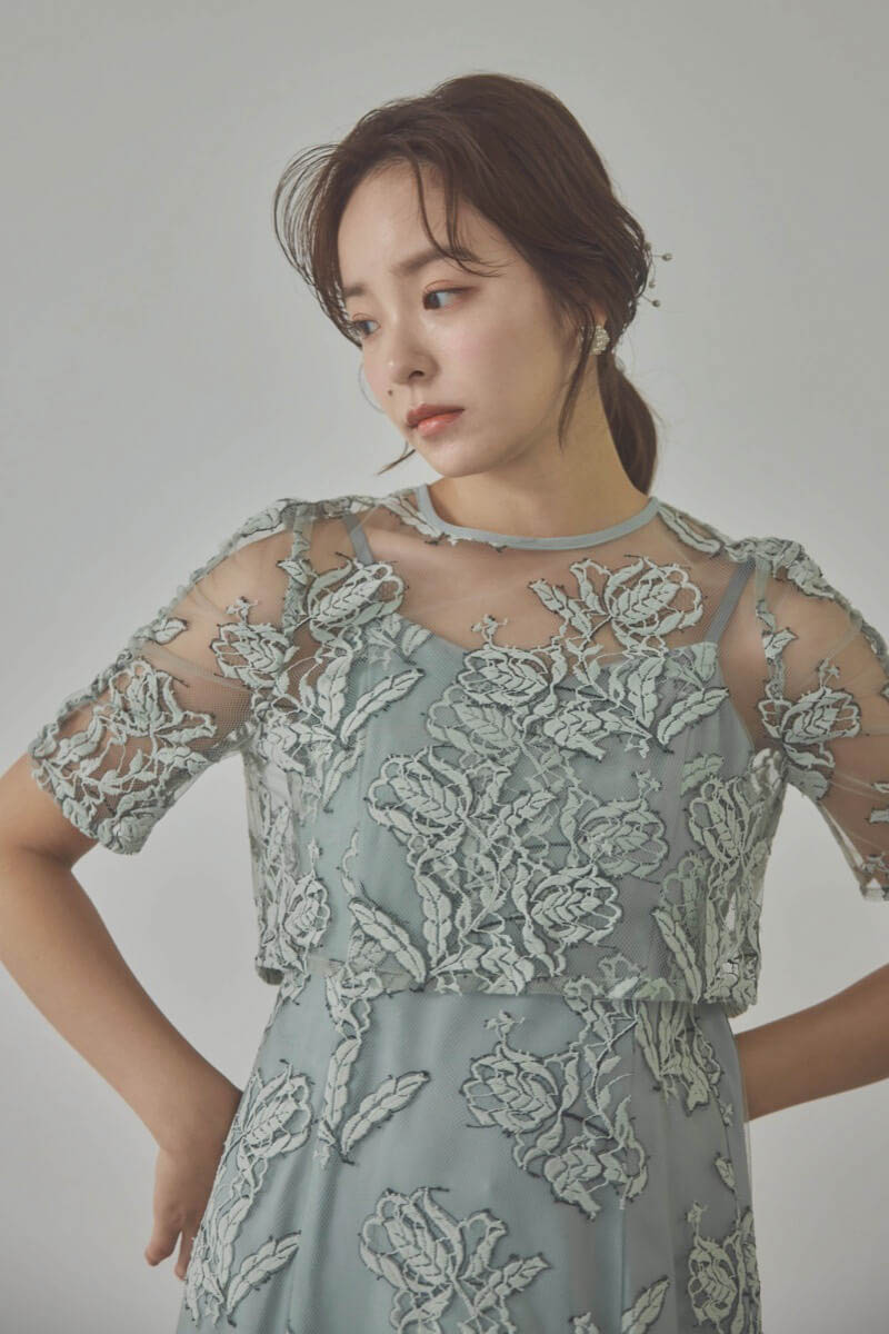 ミントのローズレースレイヤードドレス