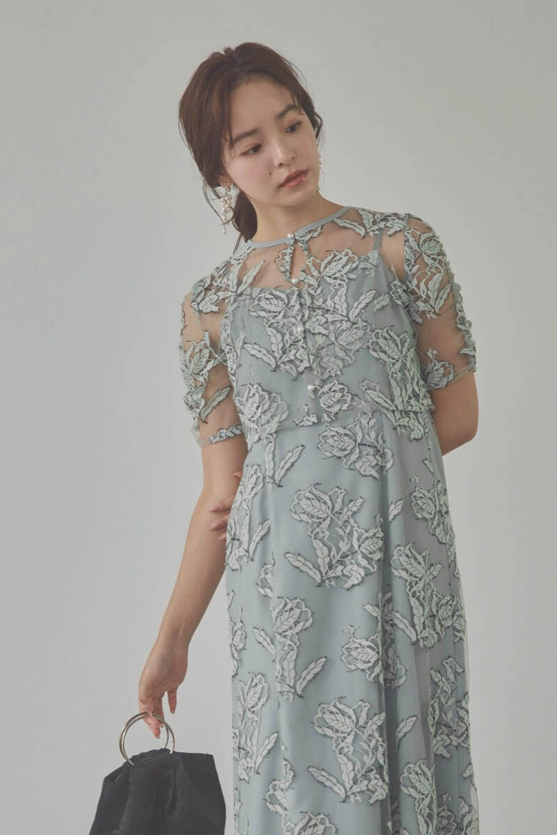 ミントのローズレースレイヤードドレス