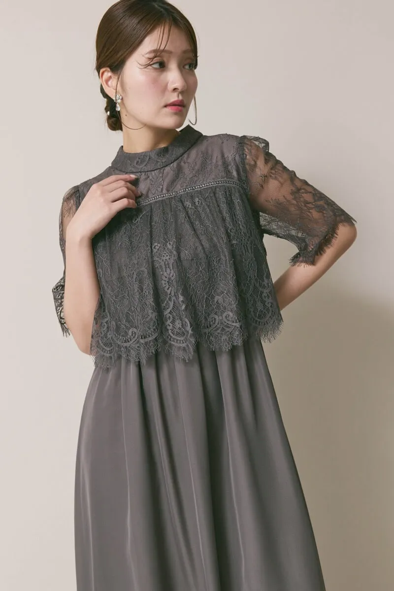 チャコールの授乳口付ハイネックレースドレス