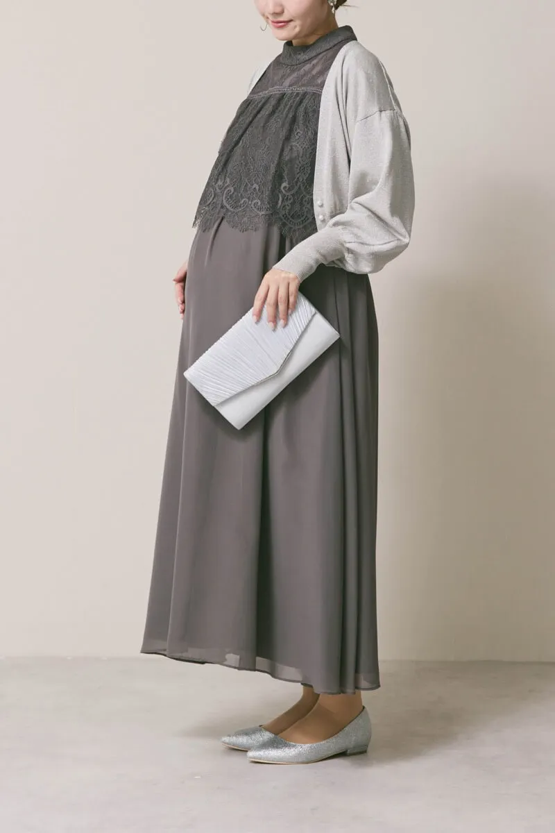チャコールの授乳口付ハイネックレースドレス