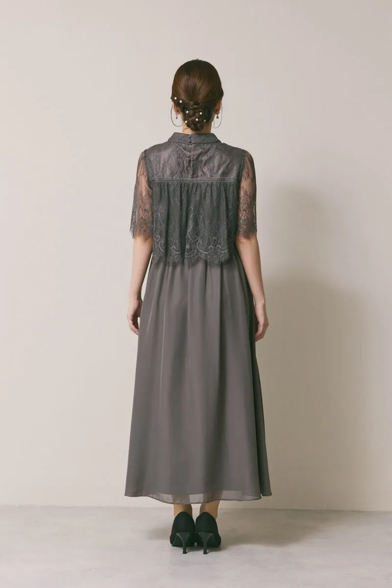 チャコールの授乳口付ハイネックレースドレス
