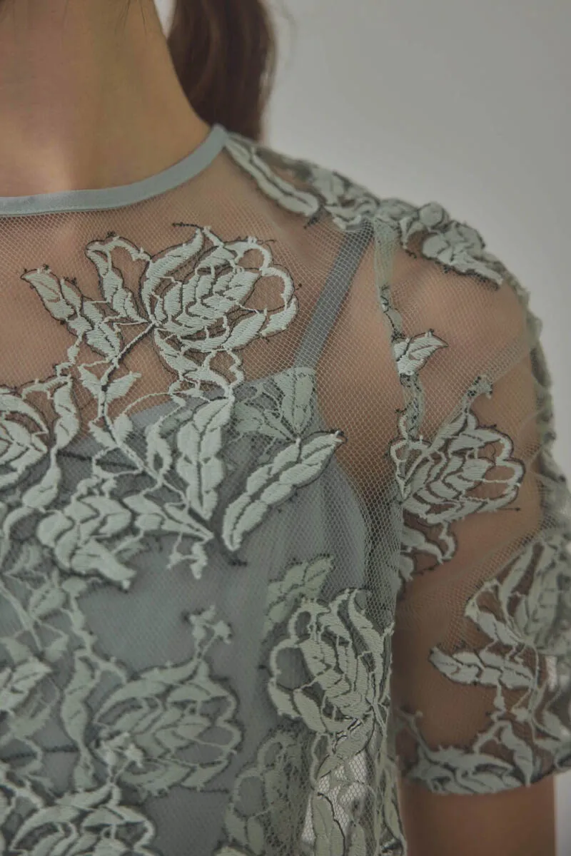 ミントのローズレースレイヤードドレス